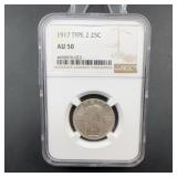 1917 Type 2 Standing Liberty Quarter AU50
