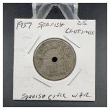 1937 Spanish 25 Centimos Coin Civil War Era