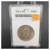1934-s Walking Liberty Half Dollar Anacs Ms63