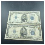 1934 $5 Silver Certificate Notes, Pair