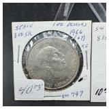 Spain 1966 100 Pesetas Silver Coin XF
