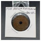 1938 French Indochina 1 Centime Coin