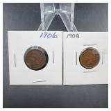 1906 And 1908 Indian Head Cents, 2 Coins