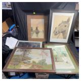 Framed Art Lot: Landscape, Horse, 1957 Thunderbird