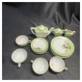 Japanese Porcelain Tea Set Floral Green Trim