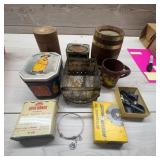 Vintage Tins, Mug, Jewelry, and Parts Lot