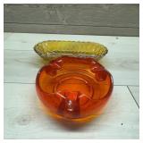 Amber Glass Ashtray And Oval Candy Dish Set