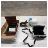 Decor Lot: Music Box, Dog, Piggy Bank, Case