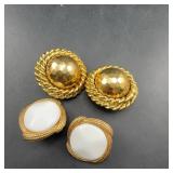 Ciner Gold Tone And White Enamel Clip Earrings