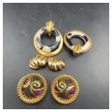 3 Pairs Gold Tone Clip-on Earrings, 1 Signed