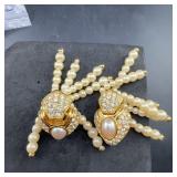 Gold Tone Pearl Rhinestone Spider Earrings Pair