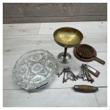 Lot: Glass Dish, Keys, Metal Goblet, Tools
