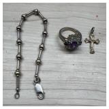 Sterling Silver Jewelry Lot: Bracelet, Ring, Cross