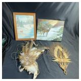 Deer Art, Feather Decor, and Wheat Wall Hanging