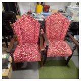 Pair Upholstered Wood Armchairs Red Patterned