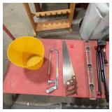 Tool Lot: Level, Tripod, Saws, Yellow Bin