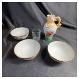 Porcelain Bowls, Floral Pitcher, Glass Tumbler