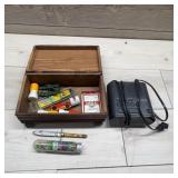 Lot: Wooden Box, Sony Radio, Toys, Knife