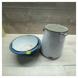 Enamel Wash Basin and White Pail Set