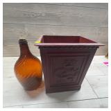 Amber Glass Demijohn and Carved Wood Bin