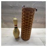 Wooden Bowling Pin and Tall Woven Basket
