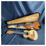 Violin With Case and Painted Folk Guitar