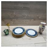 Plates, Goblet, Vase, And Glass Candleholder