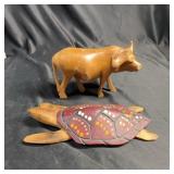 Wood Carved Buffalo & Aboriginal Turtle Set