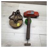 Lot: Cast Iron Pulley, Toy Car, Sprayer