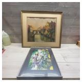 Two Framed Art Prints: Town Scene & Abstract