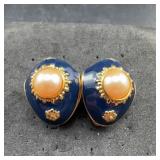 Oscar De La Renta Blue Enamel Clip Earrings
