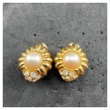 Gold Tone Clip-on Earrings With Faux Pearl & Rhine