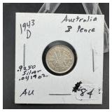 AU 1943-D Australian 3 pence silver coin