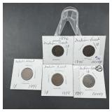 Lot of five early Indian Head Pennies (1895-1899)