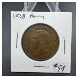 1938 England One Penny George VI Bronze Coin Uncer