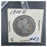 1914-D Barber Silver Quarter