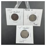 V-Nickel 3 coin Lot: (1906-07-08)