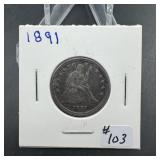 Rare 1891 Seated Quarter - great detail!