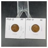 1929-D & 1930-D Lincoln Wheat Cents XF/AU