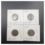 Four 1943 Steel Wheat Cents