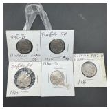 5 coin Buffalo Nickel Lot (1936, 36-D, 36-S, 37 &