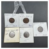 Lot of five Indian Head Pennies (1901, 02, 03, 03,