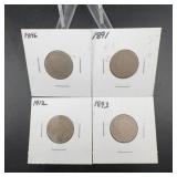 4 Liberty Head V Nickels 1891 1893 1896 1912