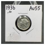 1936 Mercury Dime AU55 Silver Ten Cent Coin