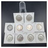 10 Kennedy 40% Silver Half Dollars 1965-1969