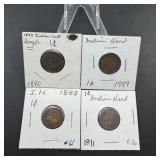 Lot of four early Indian Head Pennies (1888-1891)