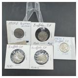5 coin Buffalo Nickel Lot (1929, 29-D, 29-S, 30 &
