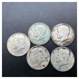 Five Kennedy Silver Halves (various dates 1964-69)