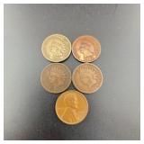 Five United States One Cent Coins, Mixed Years