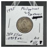 1945 Philippine 20 Centavos silver coin from U.S.
